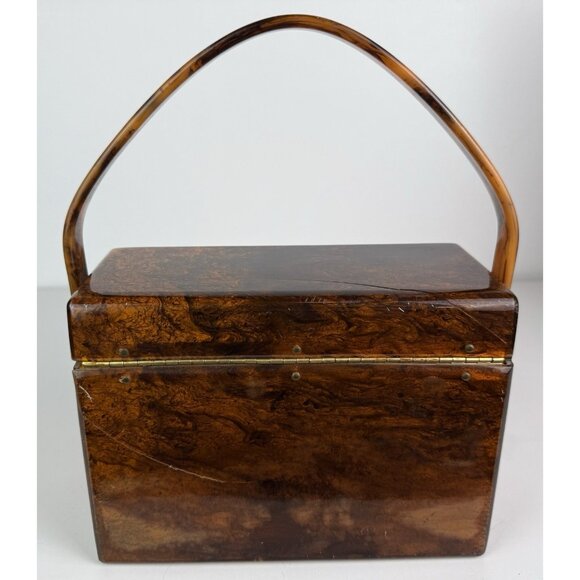 Wilardy Wood Grained Lucite Purse Handbag Vtg Authentic Handle Flower Clasp 50s - Picture 4 of 16